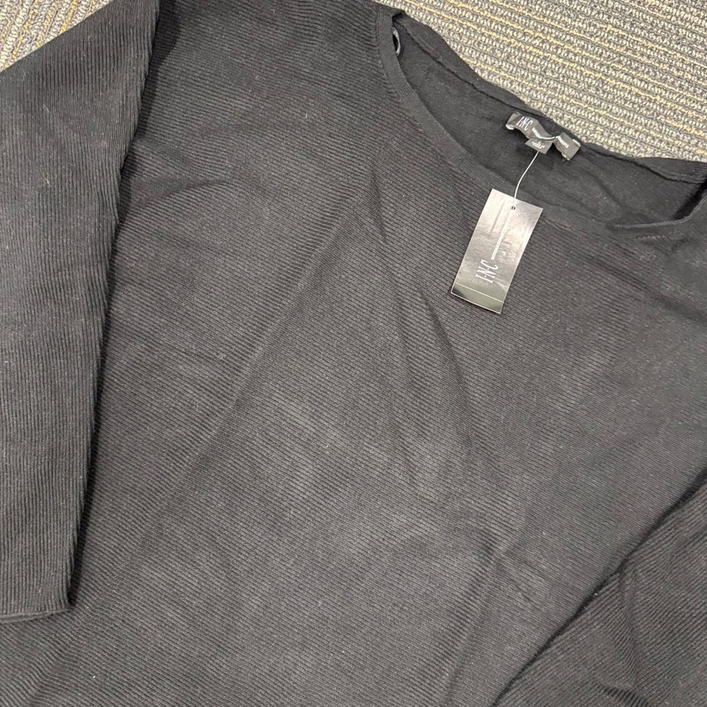 INC International Concepts Black Ribbed Knit Long Sleeve Top Women's Size L